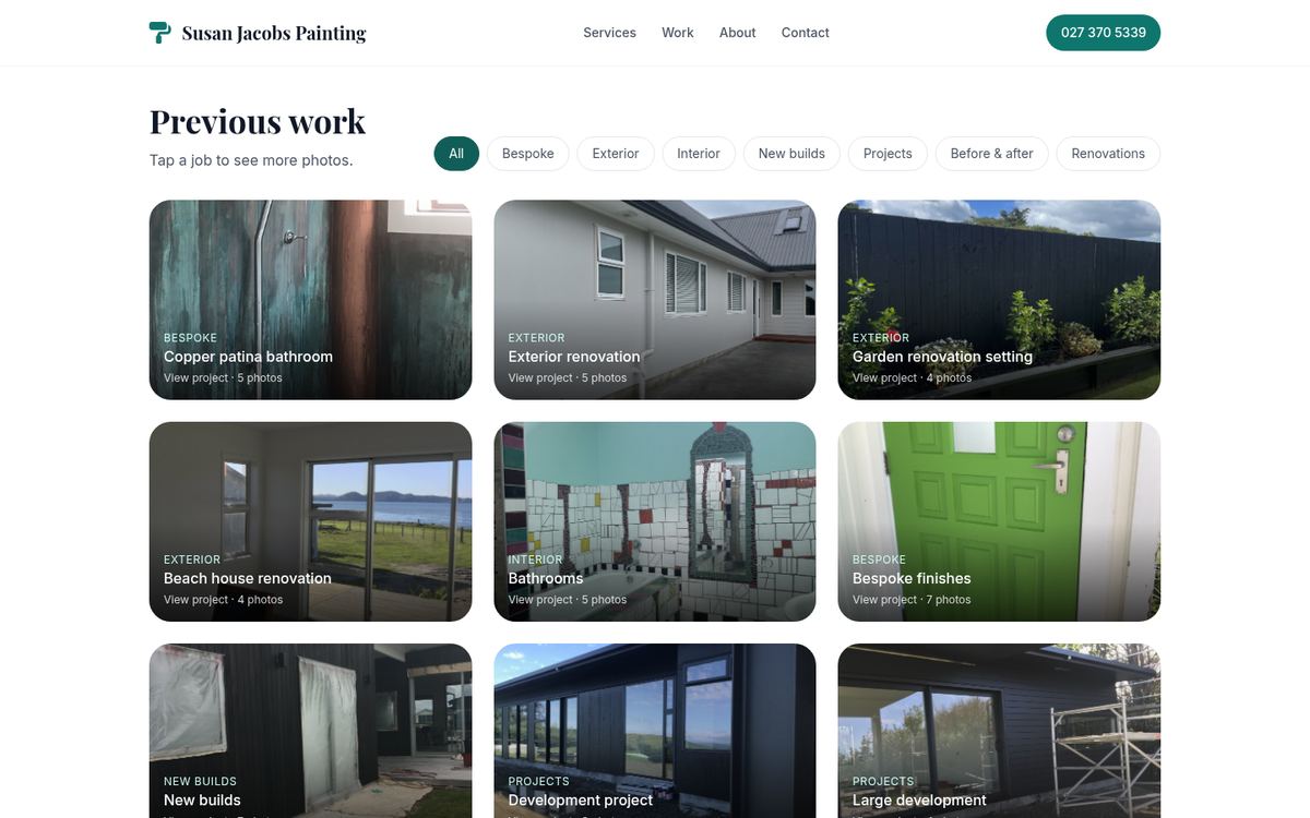 Screenshot of the Susan Jacobs Painting website's 'Previous work' gallery, showing project photos filtered by type such as bespoke, exterior, interior and before and after
